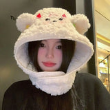 Daiiibabyyy  Cute Plush Winter Integrated Cap Scarf Warm Thickened Ear Protection Hat Casual Soft Beanie Hat Scarf Cycling