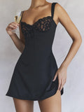 Daiiibabyyy  Women V neck Backless Party Skater Short Sling Dress Sexy Stitching Lace Bra Corset Style Spaghetti Strap Mini Dresses