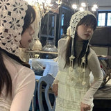 DAIIIBABYYY  -  Handmade Hollow Crochet Hats for Women Knitted Beanies Cap Ethnic Tie Pullover Hat Autumn Winter Breathable Crochet Caps