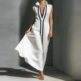 Daiiibabyyy  Summer New High Waist Commute Maxi Dress Fashion Color Blocked Lapel Sleeveless Robe Elegant Lady Hollow Out Pleated Linen Dress