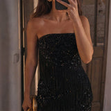Daiiibabyyy  Elegant Strapless Glittery Party Mini Dress Fashion Tassel Splicing Solid Women Short Dress Casual Sleeveless Hight Waist Gowns