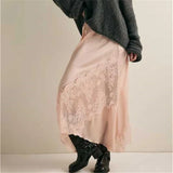 Daiiibabyyy  Womens Satin Lace Maxi Skirt Y2k Boho Vintage Lace Trim Low Waist Long Skirt Summer Silky Half Slip Asymmetrical Midi Skirts
