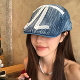 DAIIIBABYYY  -  Personalized Lace Bow Design Washed Denim Forward Hats Women Spring Summer Travel Fashion Versatile Sun Protection Retro Berets