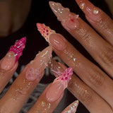 Daiiibabyyy  24pcs Flower Design Press on Nails Art Simple Long Almond Glitter Cat's Eye False Nail Reusable Rhinestone Pink Purple Fake Nail