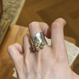 Daiiibabyyy  Silver Color Bowknot Open Ring Neutral Creative Wide Surface Tassel Stackable Ring Punk Cold Tone Street Rock Hand Jewelry Gifts
