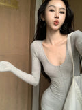 DAIIIBABYYY  -  Hot Girls Grey Skinny Long-sleeved Jumpsuit Women's Spring Fitness Sports Casual High Waist Wrap Hip Jumpsuit Female Clothes