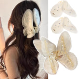 Daiiibabyyy  Fashion Mesh Tulle Butterfly Grab Clip Elegant Decorative Hair Claw White Crystal Hairclip Women's Back of Head Clamp Headwear