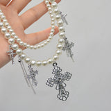 DAIIIBABYYY  -  Double layer pearl tassel necklace personalized diamond cross pendant necklace