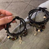 Daiiibabyyy  Handmade Hippie Design Brown Leather Bracelet Women Metal Star Note Charms Wood Button Beads Wrap Unisex Adjustable Bracelet