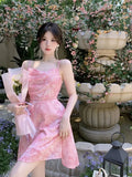 Daiiibabyyy  New Pink Romantic Floral Skirt Summer Slimming Solid Color Fashionable and Fresh Short Skirt Small Slim Strap Dress S6YW