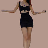 Daiiibabyyy  Must - Have for Cool Vibe! Make a Statement. Square - Neck Drawstring Hollow - Out Slim Dress, Sexy & Casual.