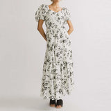 Daiiibabyyy  Women Summer Square Collar Holiday Dress 2025 Chic Floral Print Female Long Dress French Elegant Puff Sleeve Swing A-line Dress