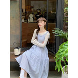 Daiiibabyyy  Korean Style Dress Set Women Spring Gentle Long Plaid Slip Dress Layered Lace Long Sleeve T-shirt Two Piece Set Women Outfits