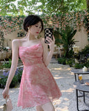 Daiiibabyyy  New Pink Romantic Floral Skirt Summer Slimming Solid Color Fashionable and Fresh Short Skirt Small Slim Strap Dress S6YW