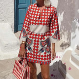 Daiiibabyyy  Fashion Pattern Printed Long Sleeve Mini Dress Women Sexy V-neck Hight Waist Party Dress Autumn Elegant Straight Bohemian Dress