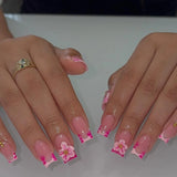 Daiiibabyyy  24Pcs Mid-length Square Head False Nails Press on Green French 3D Flower Design Fake Nails Reusable Finished Full Cover Nail Tip