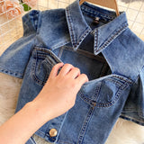 Daiiibabyyy  American Retro Denim Sets for Women Polo Collar Hollow Out Tops+High Waist Bandage Hot Shorts Girls Two-piece Set