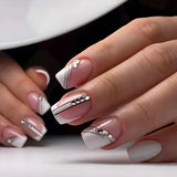 Daiiibabyyy 24Pcs Glitter White French False Nails with Shiny Diamond Rhinestone Short Square Ballet Fake Nail Tips Wearable Press on Nails