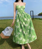 Daiiibabyyy  Suspender dress for women's summer beach vacation beach dress green flower high waisted long dress waist cinched suspender SFEV