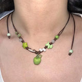 Daiiibabyyy  Fashion Green Apple Pendant Necklaces for Women Cute Ceramic Handmade Beaded Adjustable Choker Necklaces Birthday Jewelry Gifts