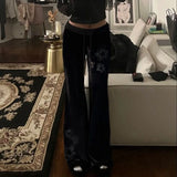 Daiiibabyyy  Women's Low Waist Pants Black Slight Flare Trousers Star Embellished Velvet Pants Drawstring Waist Wide Leg Flared Pants