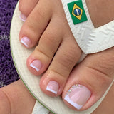 Daiiibabyyy 24Pcs Simple French False Toe Nails with Rhinestone Wearable Glitter Toe Fake Nails Shiny Powder Press on Nails Full Nail Tips