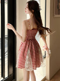 DAIIIBABYYY  -  Red Plaid Patchwork Lace A-Line Short Dress Women Elegant Bow Y2k Dress Summer Korean Fashion Bodycon Festival Party Dress