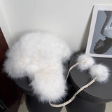 Daiiibabyyy  Plush Pom Pom Laced Up Bomber Hats Women Winter Warm Imitation Mink Ear Pilot Hat Cute Tail Hanging Ball Tether Snow Ski Beanies