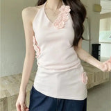 Daiiibabyyy  Sweet Three-dimensional Flower Halter Vest for Women in Summer Design Slim Base Sweet and Spicy Back Top