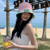 DAIIIBABYYY  -  Korean Fashion Contrasting Color Flanged Bucket Hats Women Summer Travel Versatile Sunscreen Breathable Woven Basin Caps