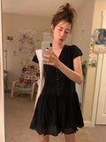 Daiiibabyyy  Retro Korean Sle ort Sve Hollow out Trim Button Slimming Casual Dr Unique SEI Girl Feeling High Waist Commute Dr