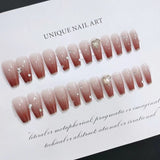 Daiiibabyyy 24pcs French Short Caramel Color Gradient Phnom Penh False Nails Press on Reusable Stick-on Full Cover Fake Nail with Glue