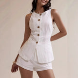 Daiiibabyyy  2 Pieces Set For Woman Shorts Sleeveless Vest Summer Short Pants High Waist Linen Look Capris Two Piece Set Cropped Pants