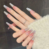 Daiiibabyyy  10pcs Handmade Press on Nails Glitter Diamonds Decor Blush False Nails Wearable Light Luxury Cat's Eye Fake Nails Long French