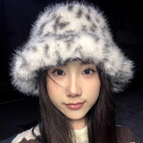 Daiiibabyyy  Korean Style Leopard Print Fuzzy Bucket Hats Warm Thickened Plush Winter Fisherman Hat Adult Unisex Animal Pattern Caps Headwear