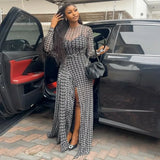 Daiiibabyyy  Elegant Party Dress for Woman Evening Knit Long Dress High Neck Sheer Mesh Maxi Dress Side Slit Wrap Waist Black And White