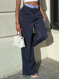 DAIIIBABYYY  -  Casual Patchwork Striped Striped Pants Office Lady Basic Mid-Waisted Wide Leg Pants Women 2025 Autumn Spring Streetwear