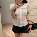 DAIIIBABYYY  -  French Sweet White Doll Collar Short Sleeve Women Bubble Sleeve Top Design Sense Pure Color Cotton Shirt