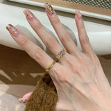 Daiiibabyyy  French Style Retro Geometric Design Gold Color Rings Inlaid Ice Flower Purple Zircon Ring Women's Banquet Party Jewelry