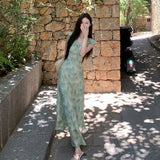 Daiiibabyyy  Green Floral Print Maxi Dress Summer Beach Vacation Essential Beautiful V-Neck Sleeveless High Waist A- Line Dress