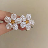 Daiiibabyyy  Korean Sweet Baroque Flat Pearl Flower Stud Earrings Elegant Temperament Floral Earring for Women Wedding Party Fashion Jewelry
