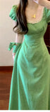 DAIIIBABYYY  -  French Bubble Sleeve Wave Point Green Dress For Women Summer New Seaside Vacation High Waist Temperament Long Style Dresses