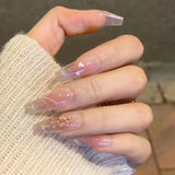 Daiiibabyyy 24Pcs Yellow French Fake Nails Long Coffin False Nails with Rhinestones Detachable Ballerina Full Cover Nail Tips Press on Nails