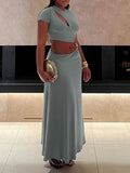 DAIIIBABYYY  -  solid two piece sets for women round neck short sleeveless hollow out tops high waist long skirts elegant set female style