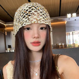 Daiiibabyyy  Retro Vintage Sequin Woven Cap Y2k Knit Sequin Bucket Hat Thin Hollow Beanie Hats Summer