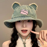 DAIIIBABYYY  -  Korean Bear Ears Denim Bucket Hat Women's Spring and Summer Outdoor Shading Versatile Big Head Windproof Strap Cowboy Hats