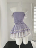 DAIIIBABYYY  -  Summer Women Sweet Gyaru Ballet Core Rave Birthday 2000s Aesthetic Outfits 2 Piece Set Lace Crop Top + Mini Elastic Waist Skirt