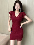 DAIIIBABYYY  -  Women Red Lace Hook Flower Hollow V-Neck Sexy Mini Dress 2025 Korean Luxury Bodycon Dress Summer Elegant Chic Festival Vestidos