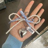 DAIIIBABYYY  -  2024 Sweet Korean Pearl Bow Heart Keychain Women Backpack Key Ring Charm Ornament Bags Phone Pendants Handmade Jewelry Gifts