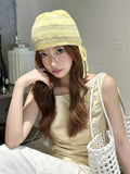 Daiiibabyyy  Ins Cute Bow Strap Knitted Beanies Cap Y2K Spring and Autumn Travel Thin Breathable Versatile Casual Sweet Woman's Hats